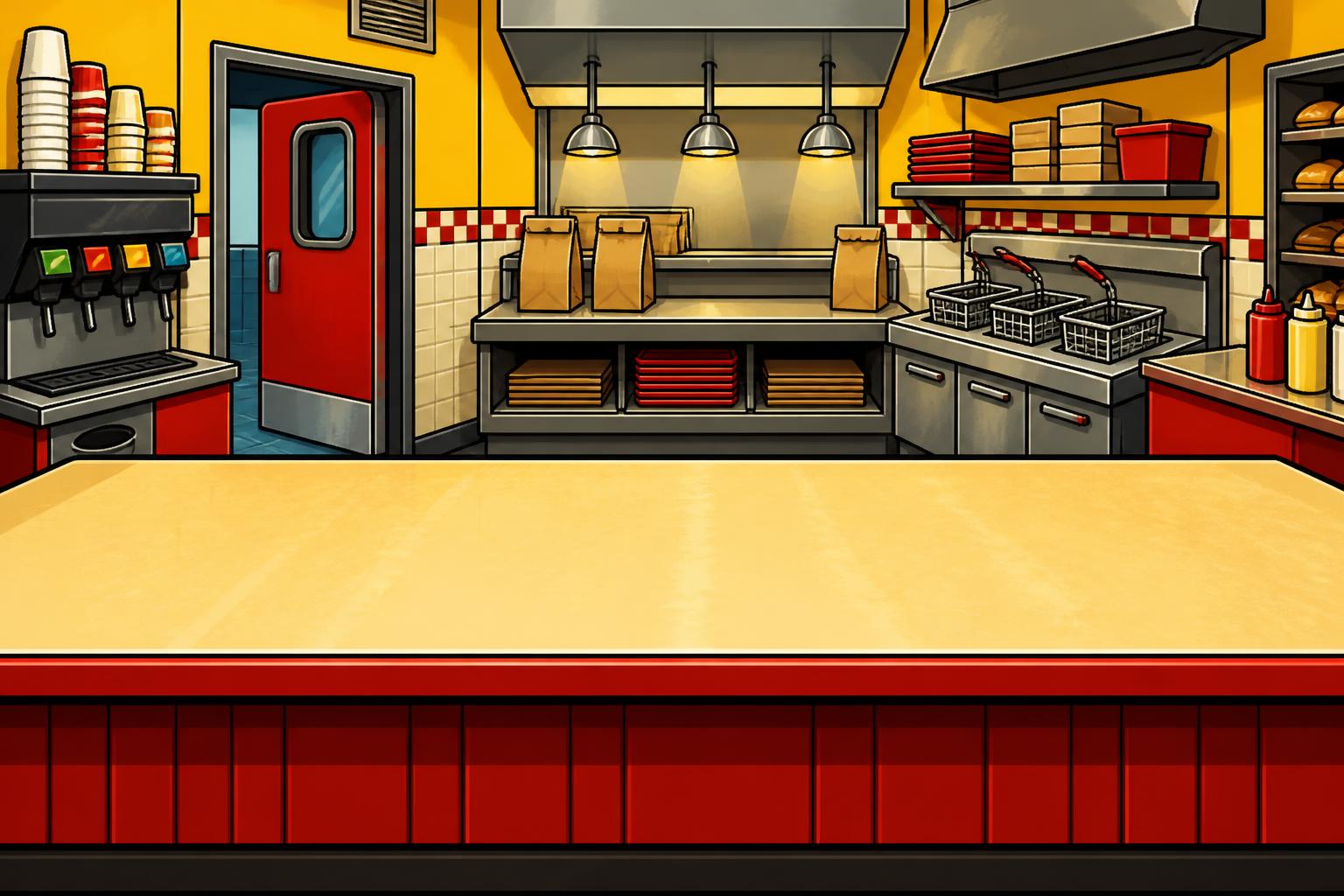 Cartoon Fryday restaurant kitchen and counter